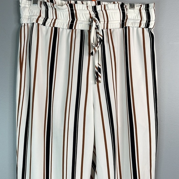 DYNAMITE Striped Pants High Waist Elastic Drawstring Waist Ivory Brown Black M - Picture 3 of 10